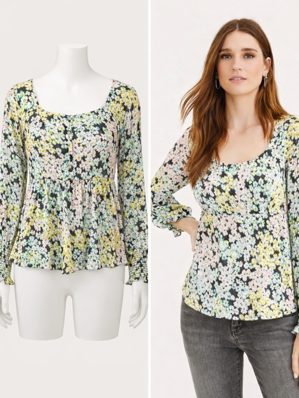 LOFT Floral Blouse | Multicolor Pastel Garden Print | Rayon Boho Peplum Top | XL